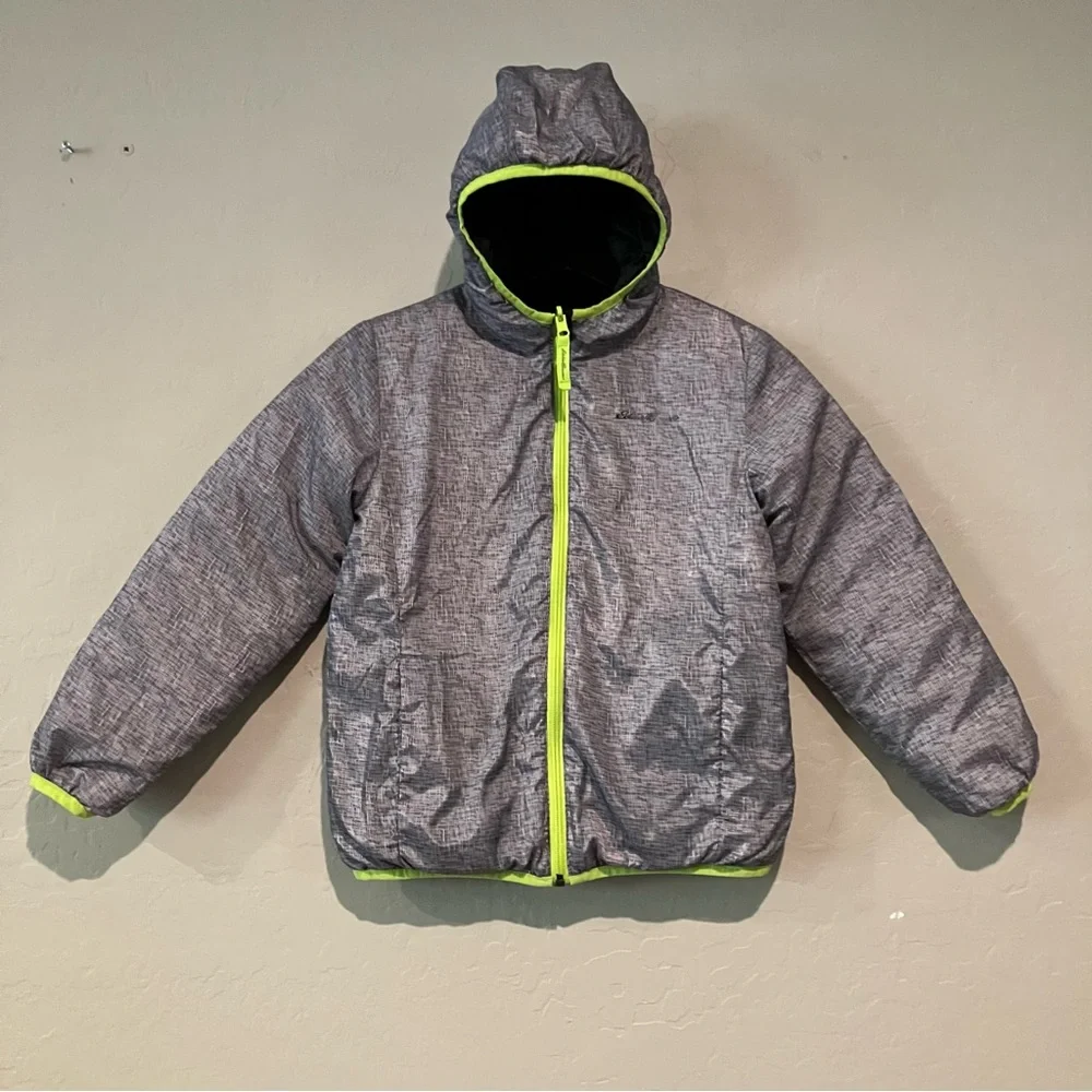 EDDIE BAUER Boy's Black Green Reversible Down Hooded Puffer Coat Size Small 7/8 - Picture 12 of 15